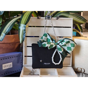 Prada Mint Green/Black Duo Clutches w/Crossbody, Star/Pearl Charm & Twilly Added